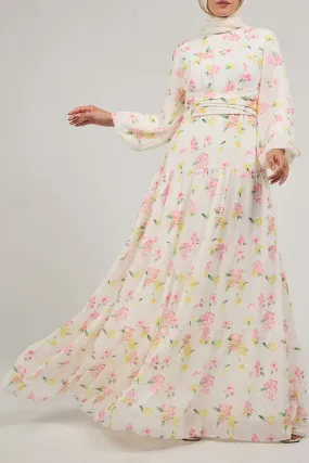 Fenara Floral Harmony Chiffon Maxi Dress with Enchanted Sleeves and Waist Tie