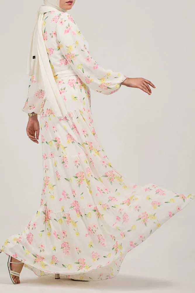 Fenara Floral Harmony Chiffon Maxi Dress with Enchanted Sleeves and Waist Tie