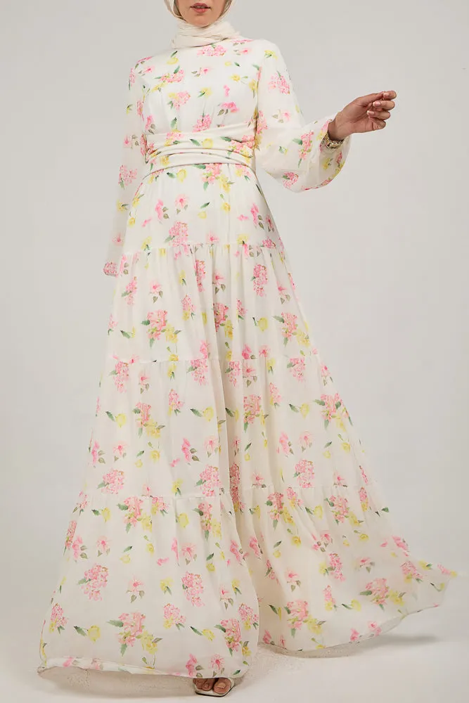 Fenara Floral Harmony Chiffon Maxi Dress with Enchanted Sleeves and Waist Tie