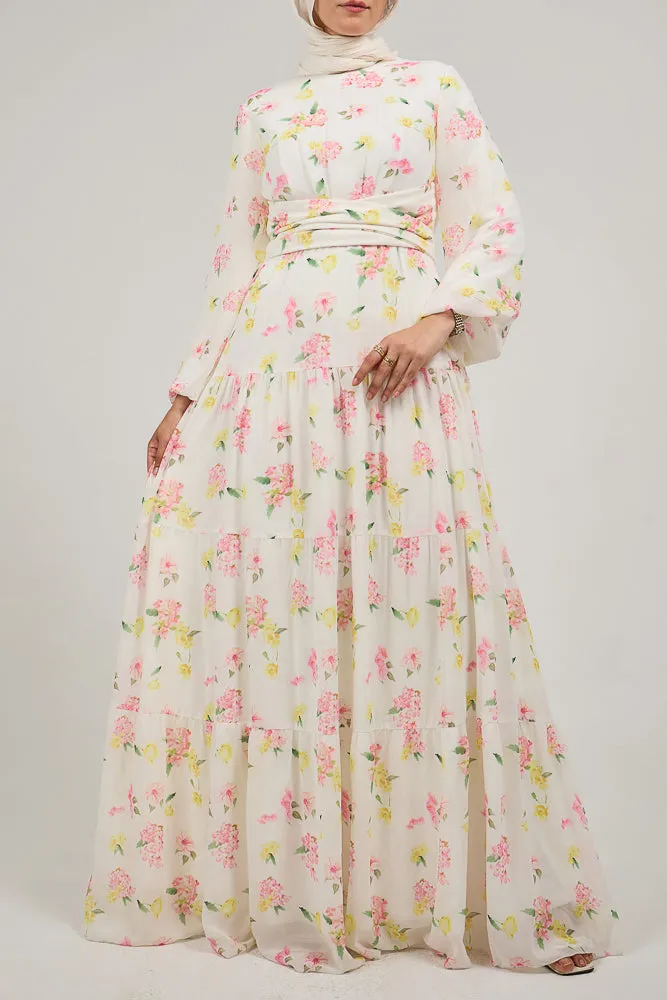 Fenara Floral Harmony Chiffon Maxi Dress with Enchanted Sleeves and Waist Tie