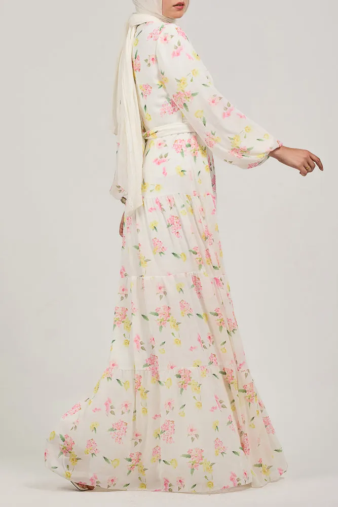 Fenara Floral Harmony Chiffon Maxi Dress with Enchanted Sleeves and Waist Tie