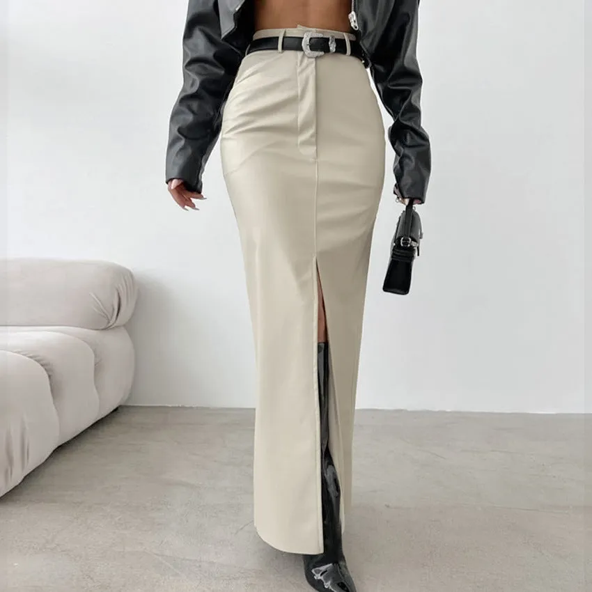 Fleece Lined Matte Leather High Waist Slit Straight Skirt