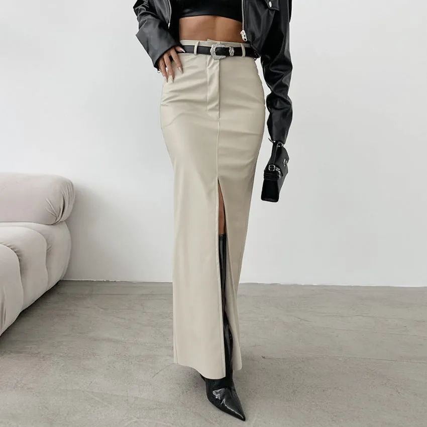 Fleece Lined Matte Leather High Waist Slit Straight Skirt