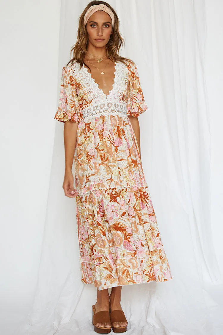 Floral Half Sleeve Lace Panel V Neck Maxi Beach Vacation Dress - Floral