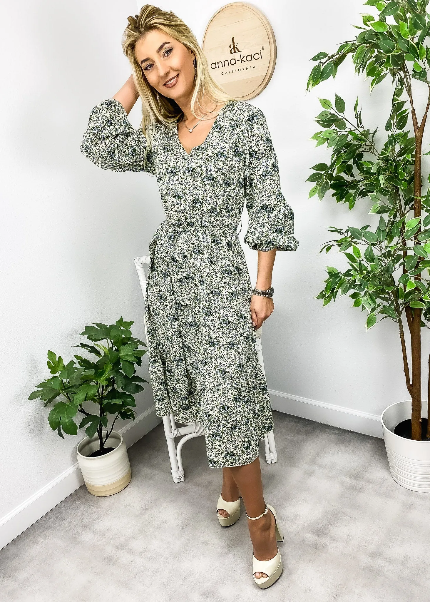 Floral Print Long Sleeve Midi Dress