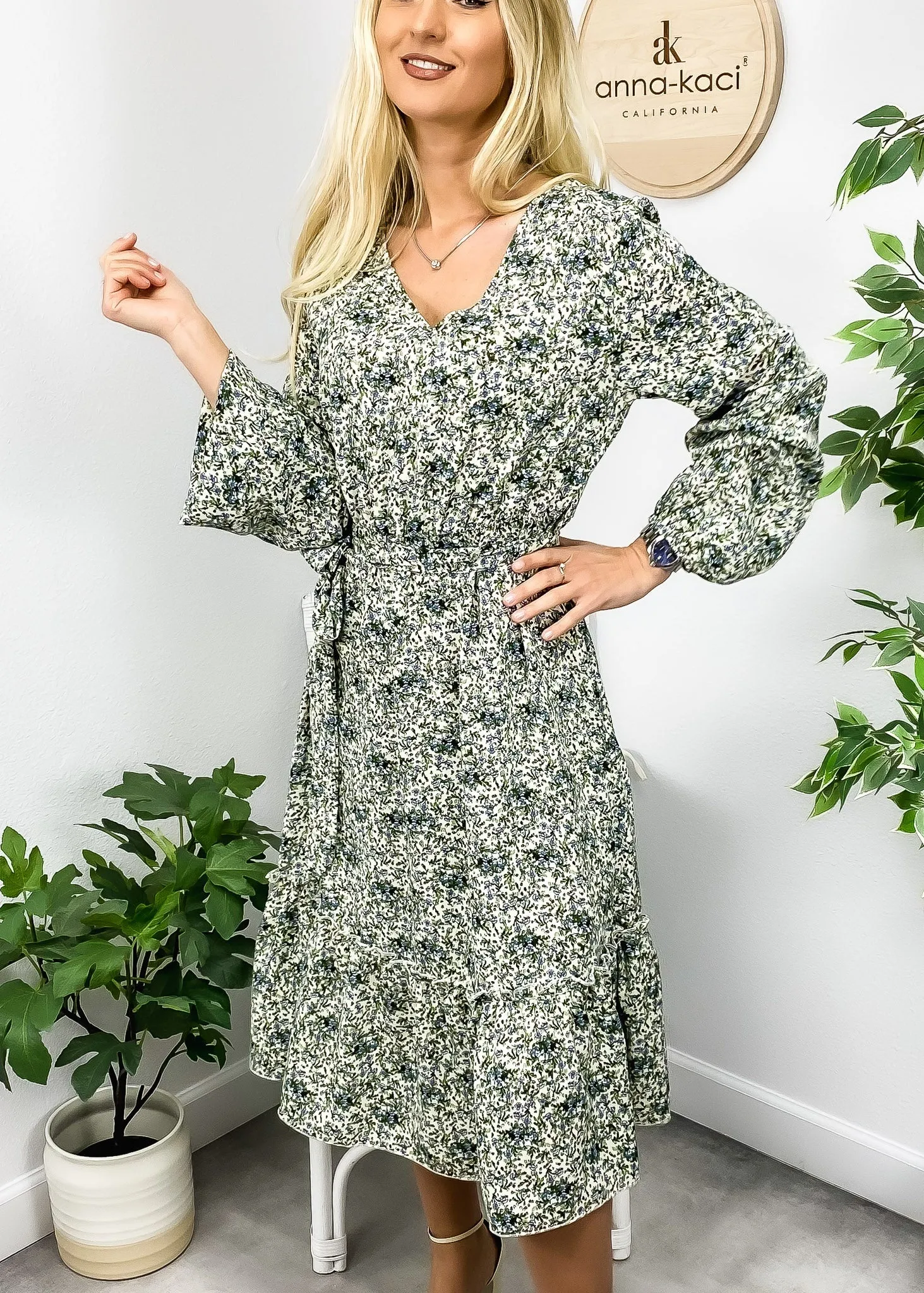 Floral Print Long Sleeve Midi Dress