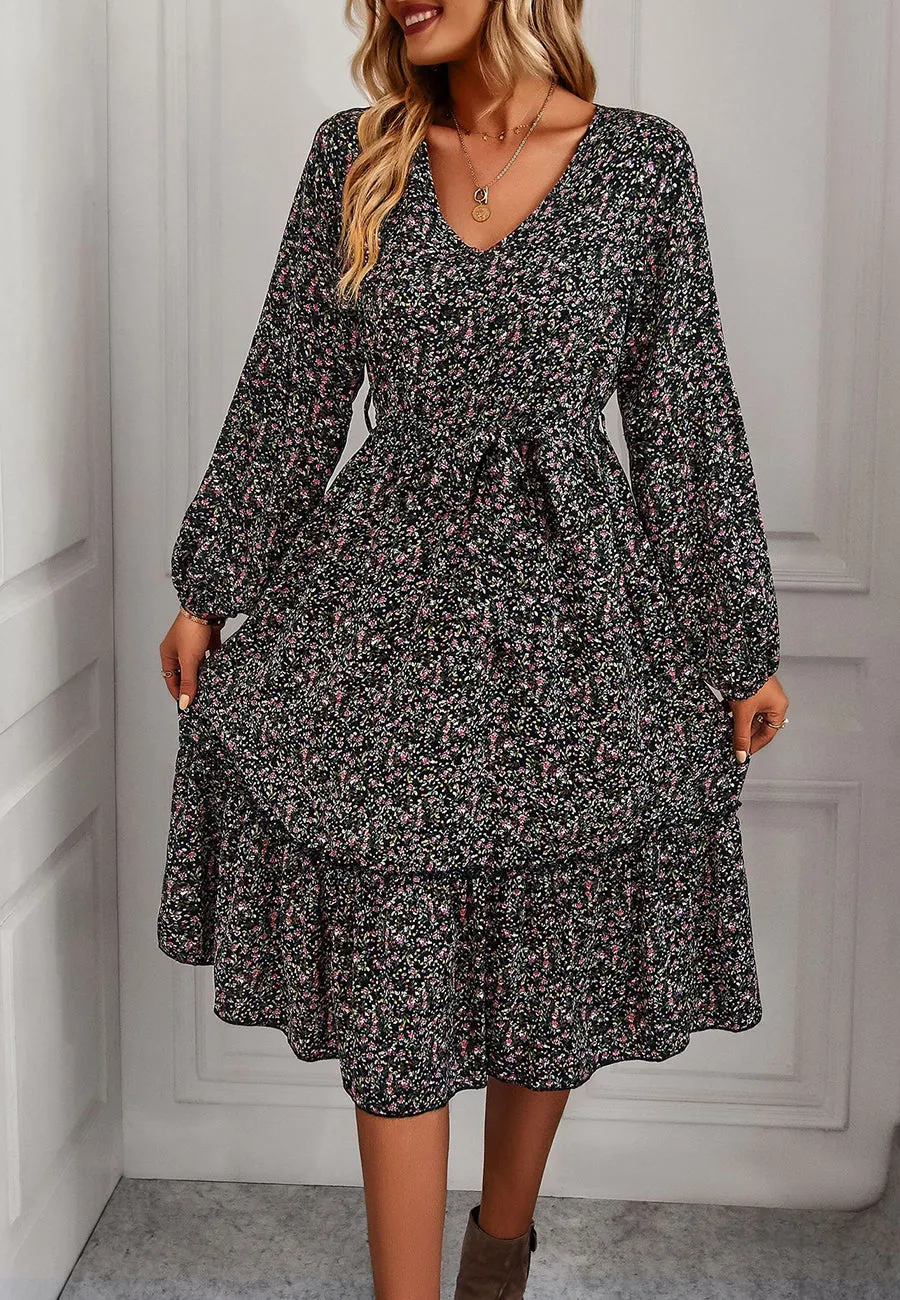 Floral Print Long Sleeve Midi Dress