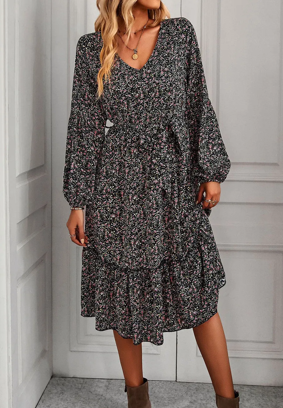 Floral Print Long Sleeve Midi Dress