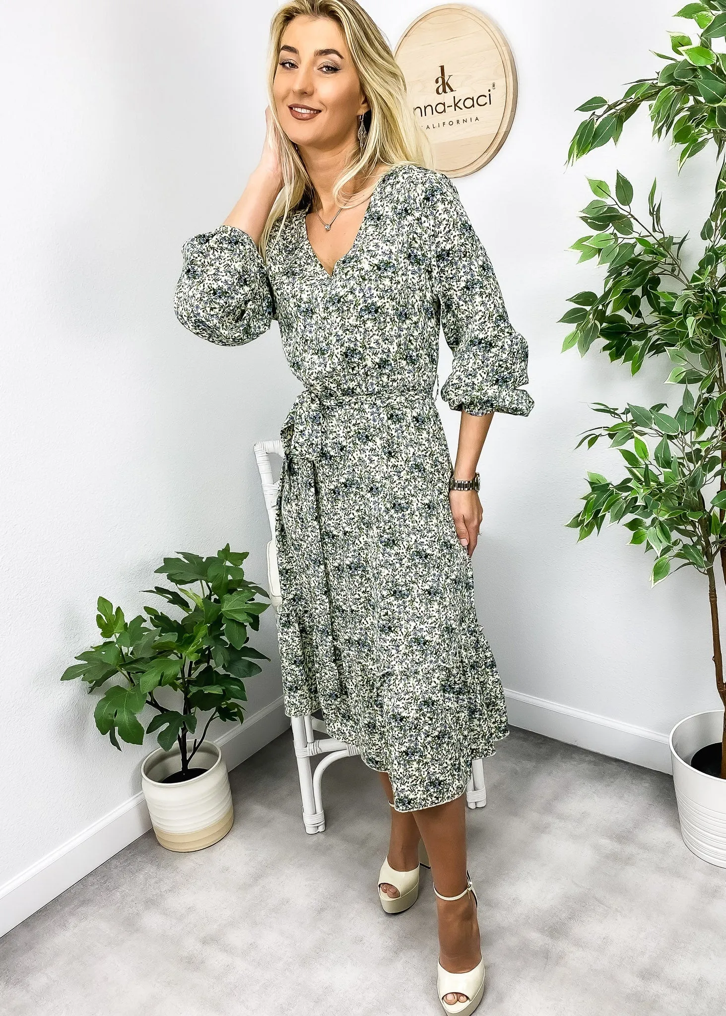 Floral Print Long Sleeve Midi Dress