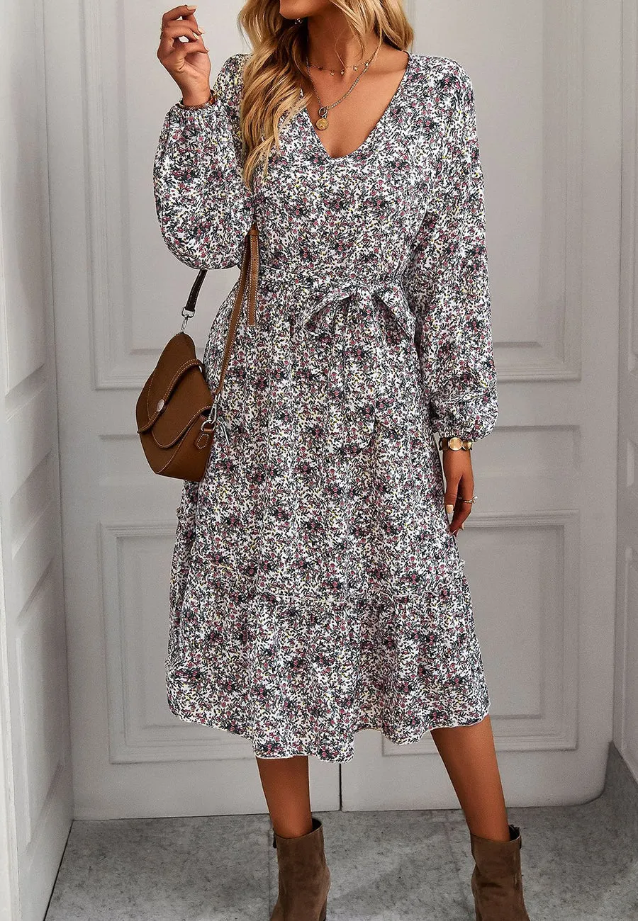 Floral Print Long Sleeve Midi Dress