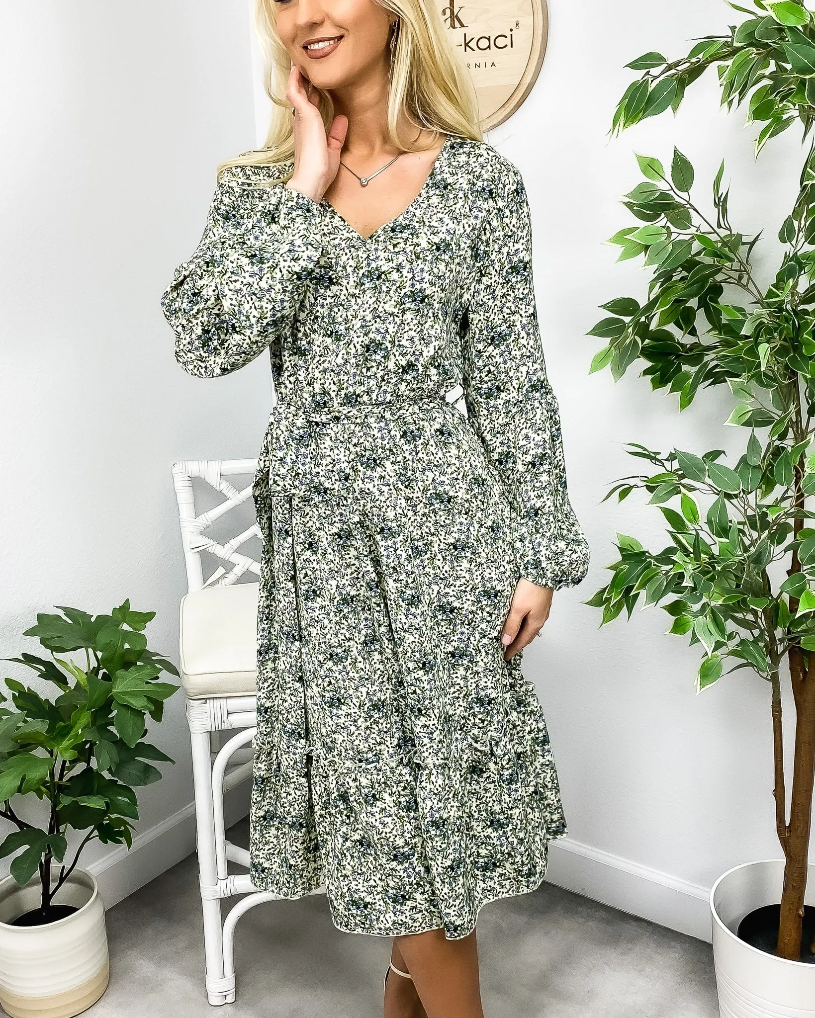 Floral Print Long Sleeve Midi Dress