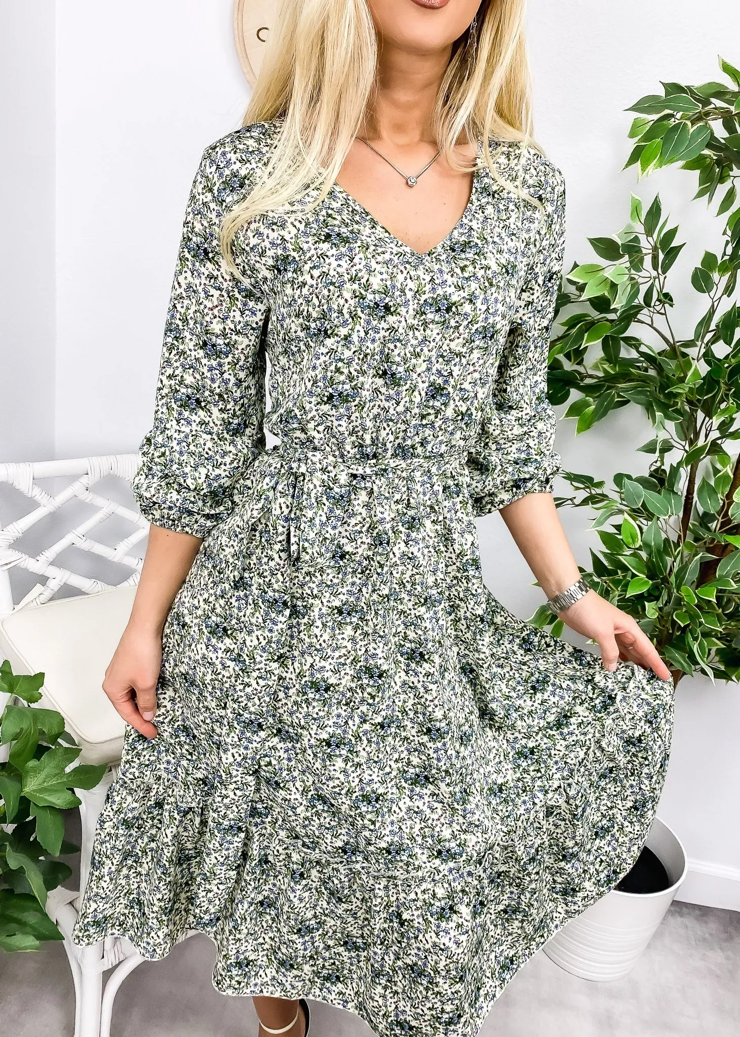 Floral Print Long Sleeve Midi Dress