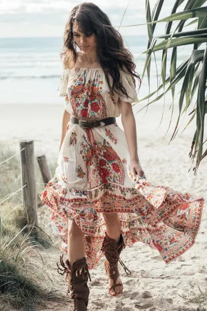 Floral Print Off Shoulder Cutout High Low Boho Style Maxi Dress - Red