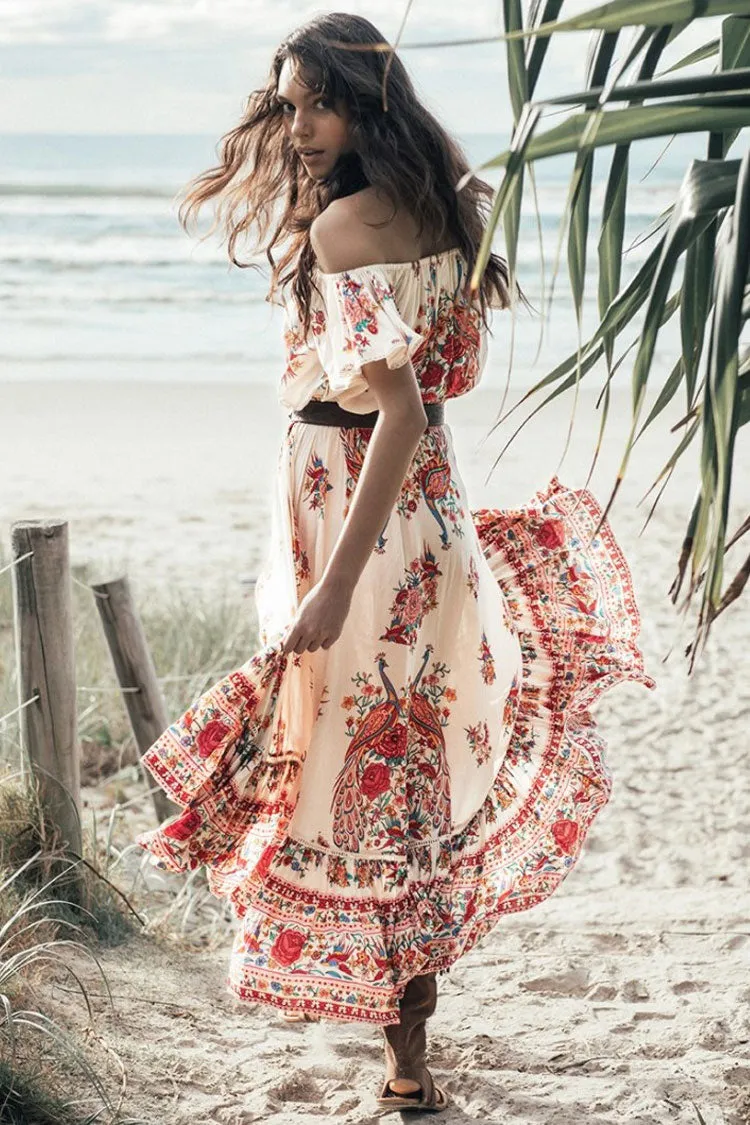 Floral Print Off Shoulder Cutout High Low Boho Style Maxi Dress - Red