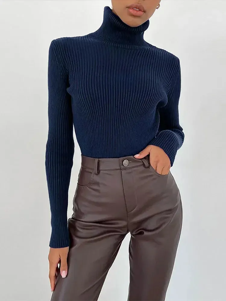 Flytonn-Christmas Thanksgiving Gift New Year's Eve Casual Outfits Elegant Solid Turtleneck Women Thin Sweater Chic Slim Long Sleeve Ribbed Knitting Pullover 2024 Autumn Lady Basic Knitwear