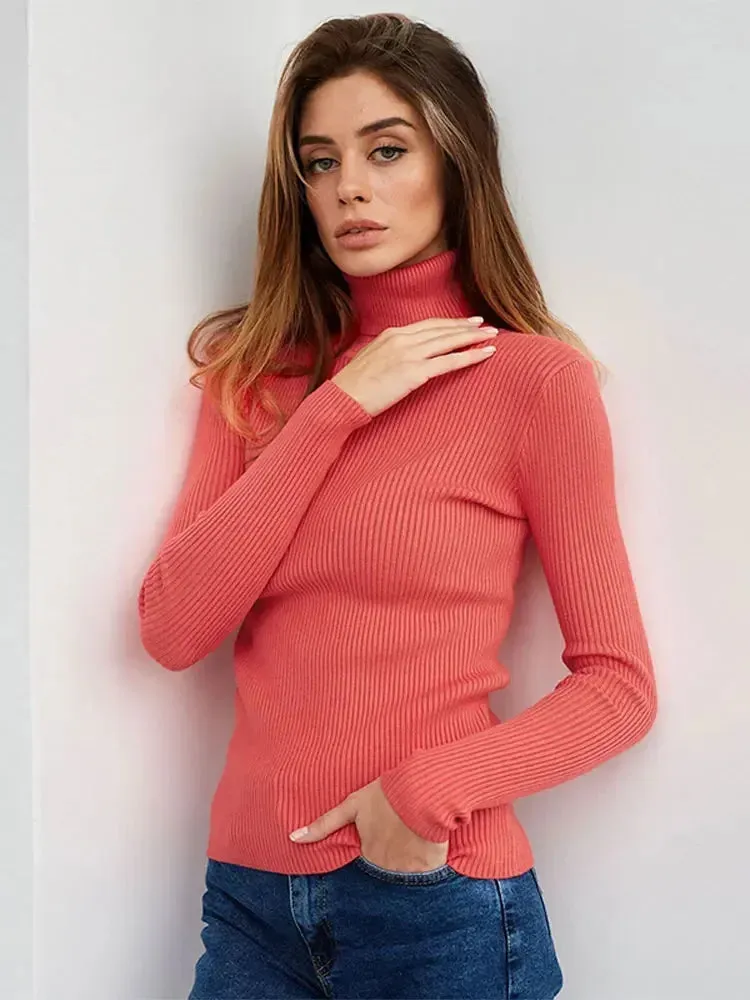 Flytonn-Christmas Thanksgiving Gift New Year's Eve Casual Outfits Elegant Solid Turtleneck Women Thin Sweater Chic Slim Long Sleeve Ribbed Knitting Pullover 2024 Autumn Lady Basic Knitwear