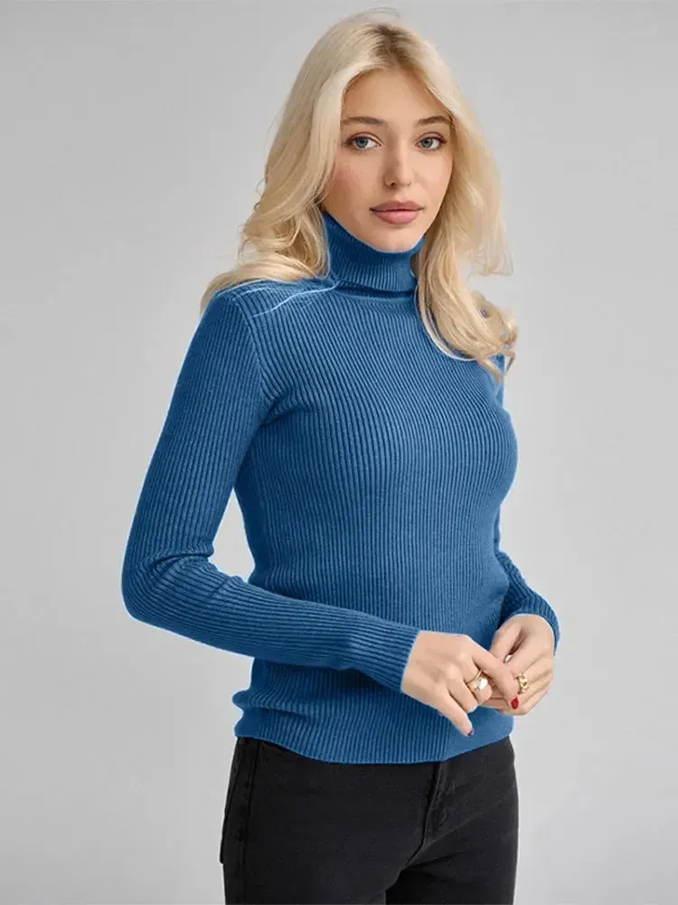 Flytonn-Christmas Thanksgiving Gift New Year's Eve Casual Outfits Elegant Solid Turtleneck Women Thin Sweater Chic Slim Long Sleeve Ribbed Knitting Pullover 2024 Autumn Lady Basic Knitwear