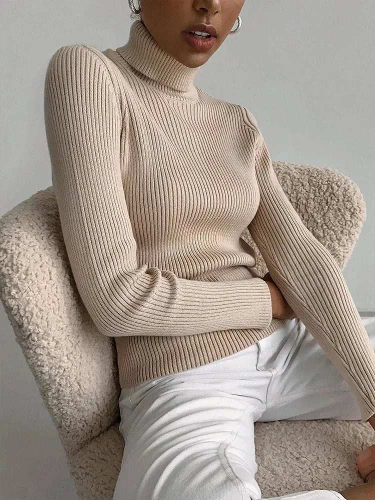 Flytonn-Christmas Thanksgiving Gift New Year's Eve Casual Outfits Elegant Solid Turtleneck Women Thin Sweater Chic Slim Long Sleeve Ribbed Knitting Pullover 2024 Autumn Lady Basic Knitwear