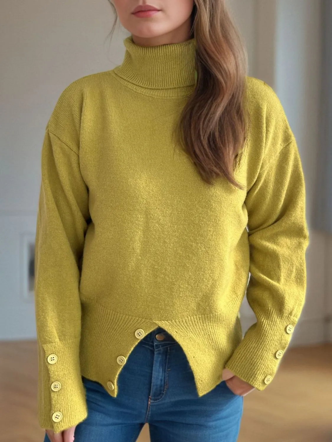 Front Slit Decorative Button Turtleneck Sweater