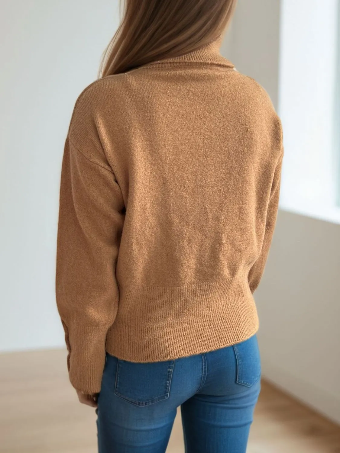 Front Slit Decorative Button Turtleneck Sweater