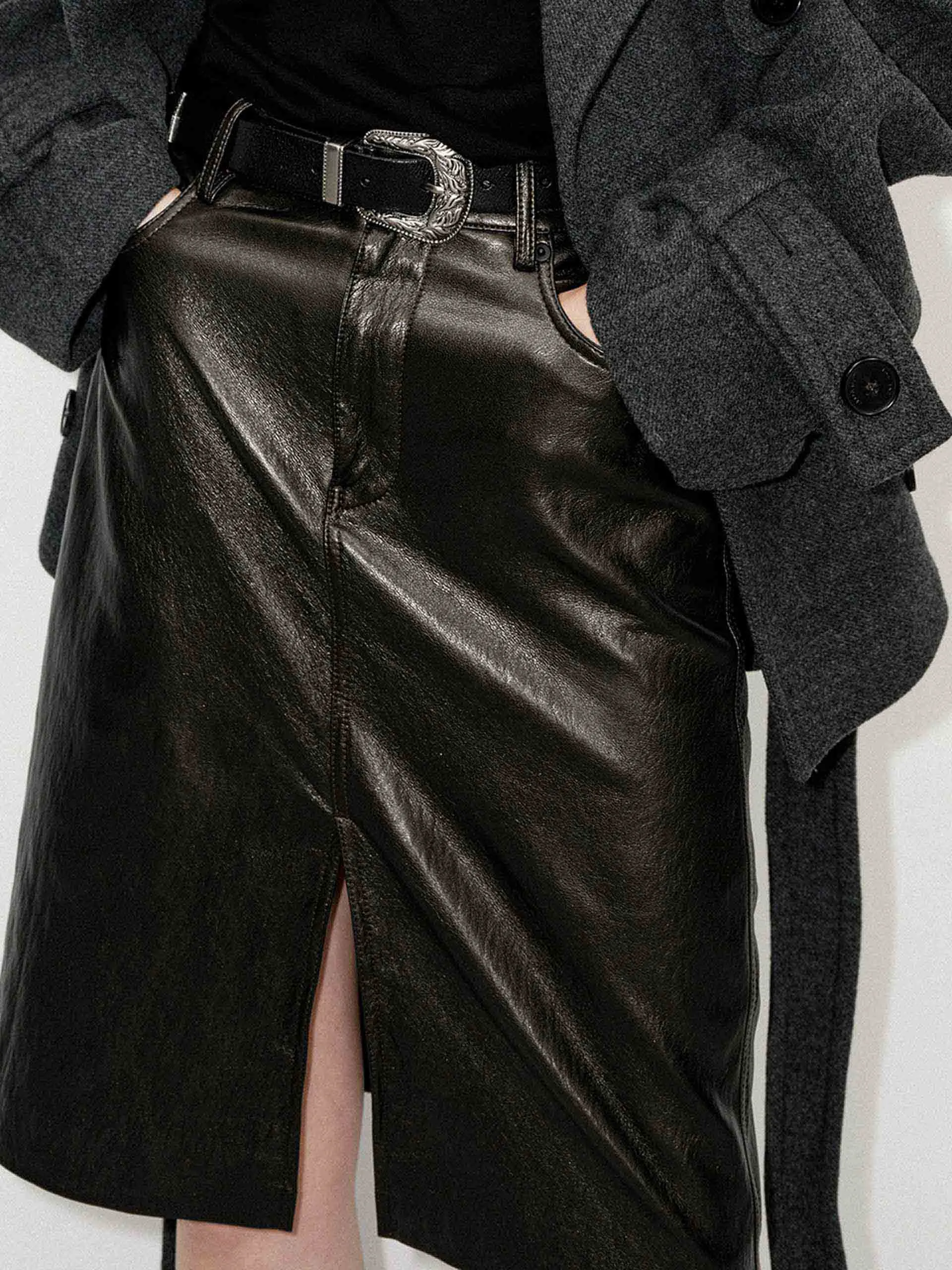 Front Slit Leather Skirt