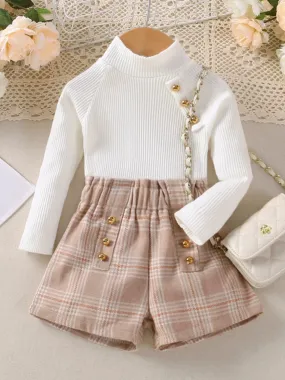 Girls Elegant White Turtleneck and Plaid Shorts Set