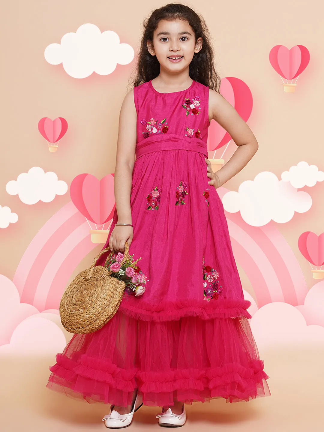 Girls Floral Embroidered Fit & Flare Maxi Dress