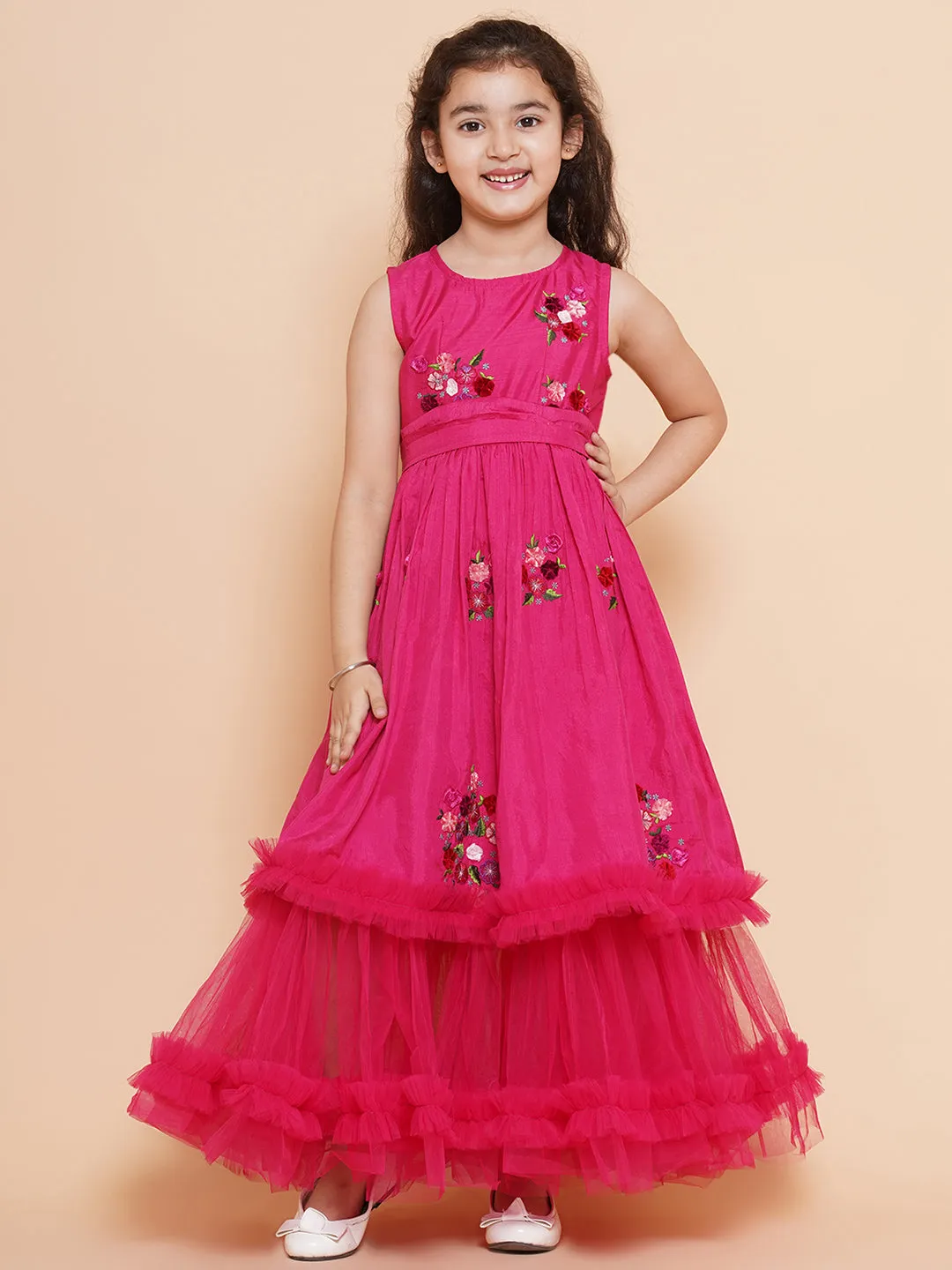 Girls Floral Embroidered Fit & Flare Maxi Dress