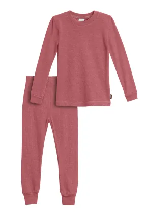 Girls Soft & Cozy Thermal 2-Piece Long Johns | Red w- Light Pink Stitch