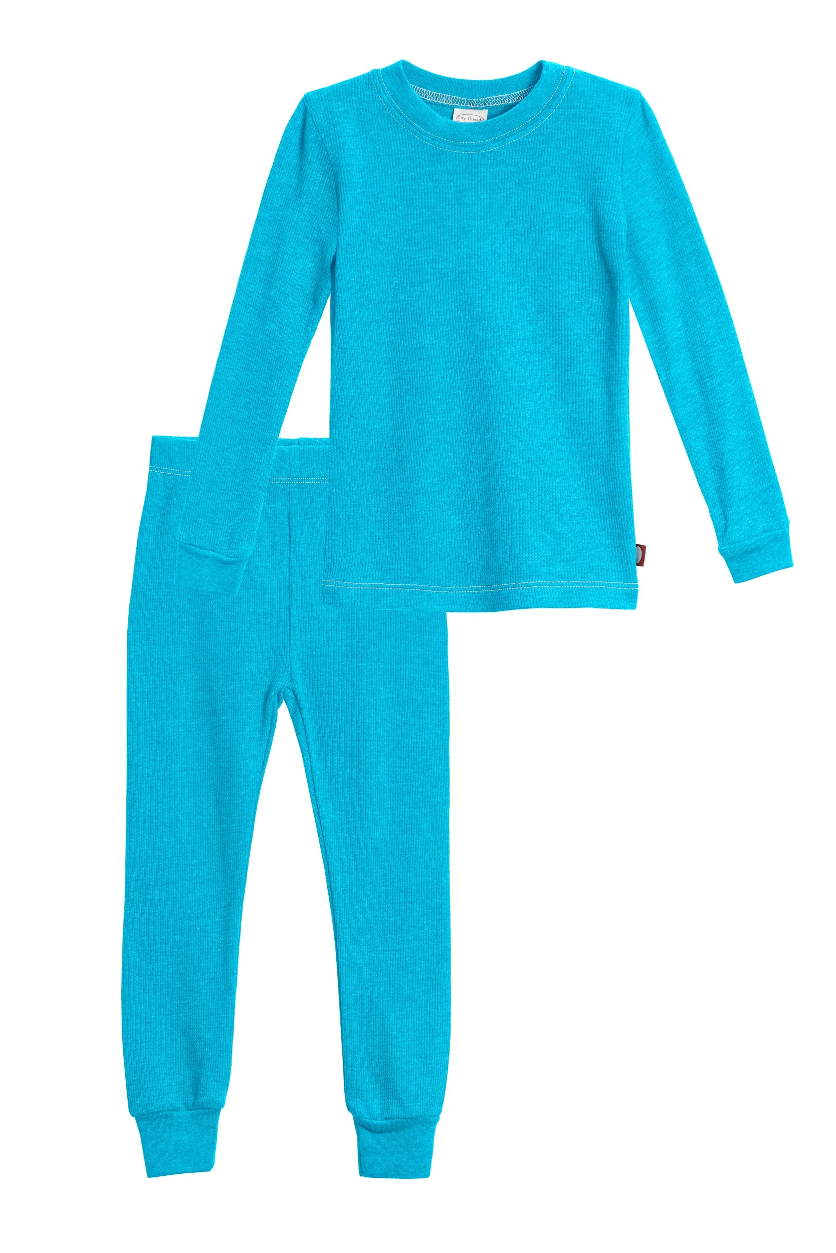 Girls Soft & Cozy Thermal 2-Piece Long Johns | Turquoise w- Light Pink Stitch