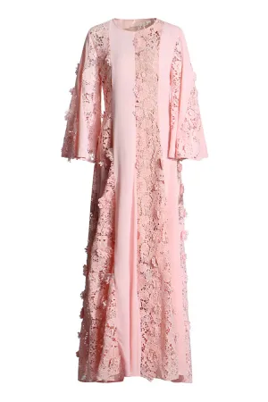 Glamorous Bell Sleeve Floral Guipure Lace and Crepe Evening Maxi Dress