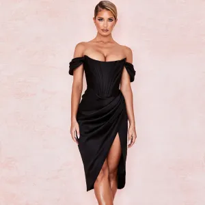 Glossy Satin Off Shoulder Draped Corset Cocktail Midi Dress - Black