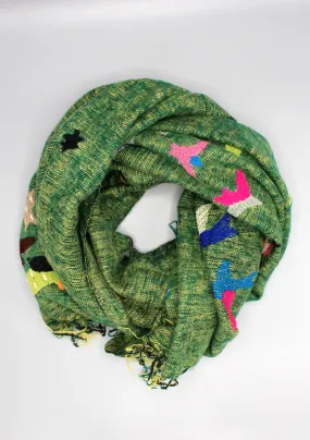 Green Arctic Antartica Circle Yak Wool Shawl with Arctic Birds Embroidery