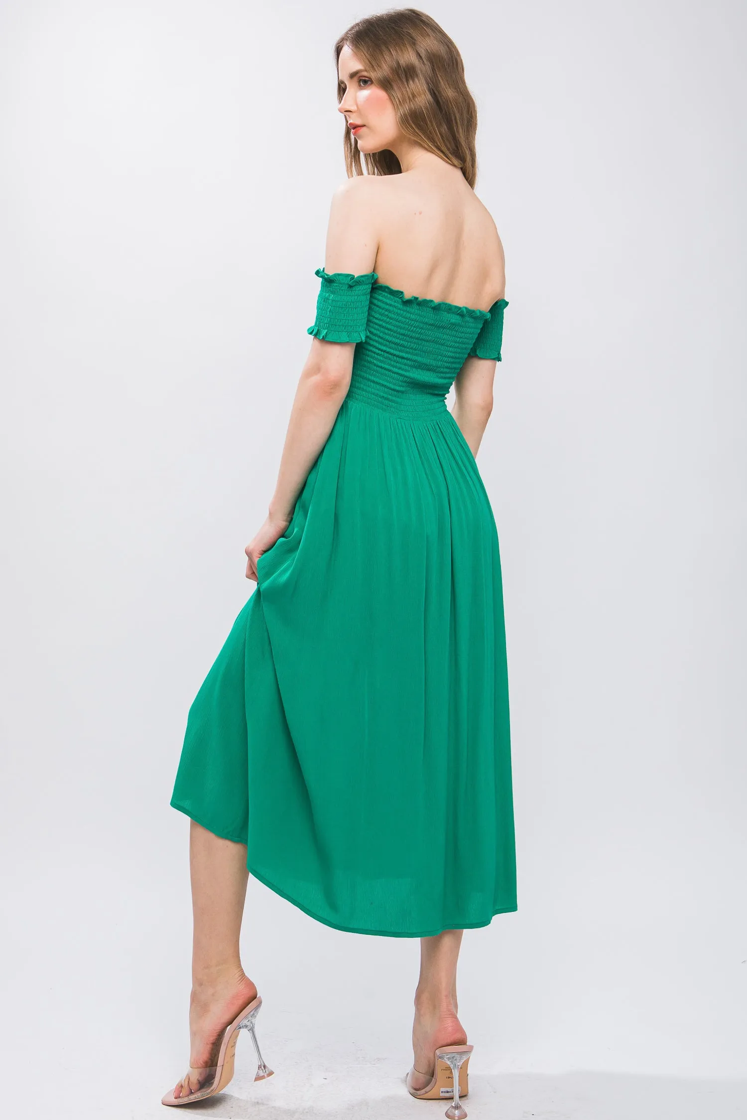 Green Flowy Off The Shoulder Dress