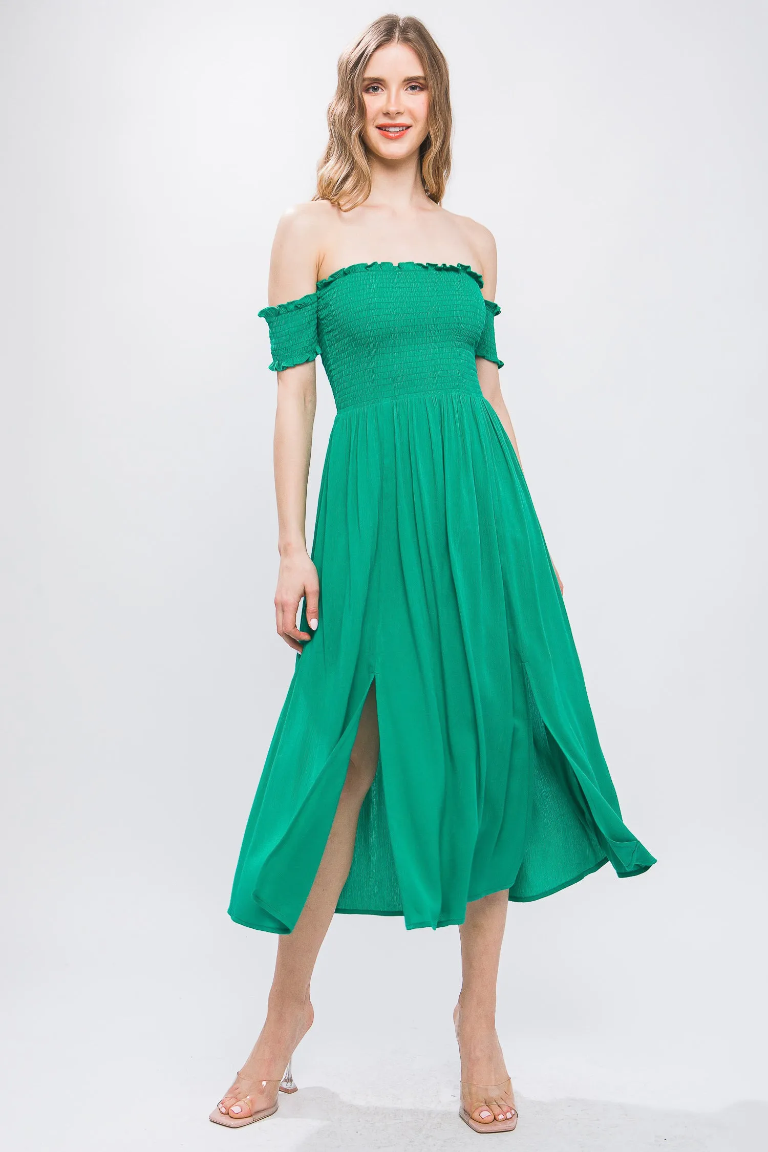 Green Flowy Off The Shoulder Dress