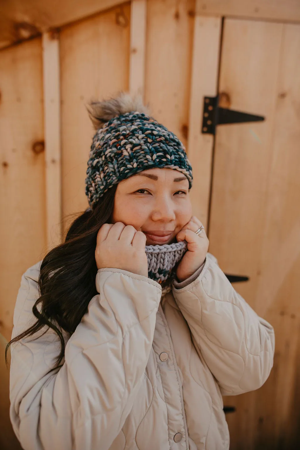 Green Speckle, Beige, and Gray Merino Wool Fair Isle Hand Knit Cowl