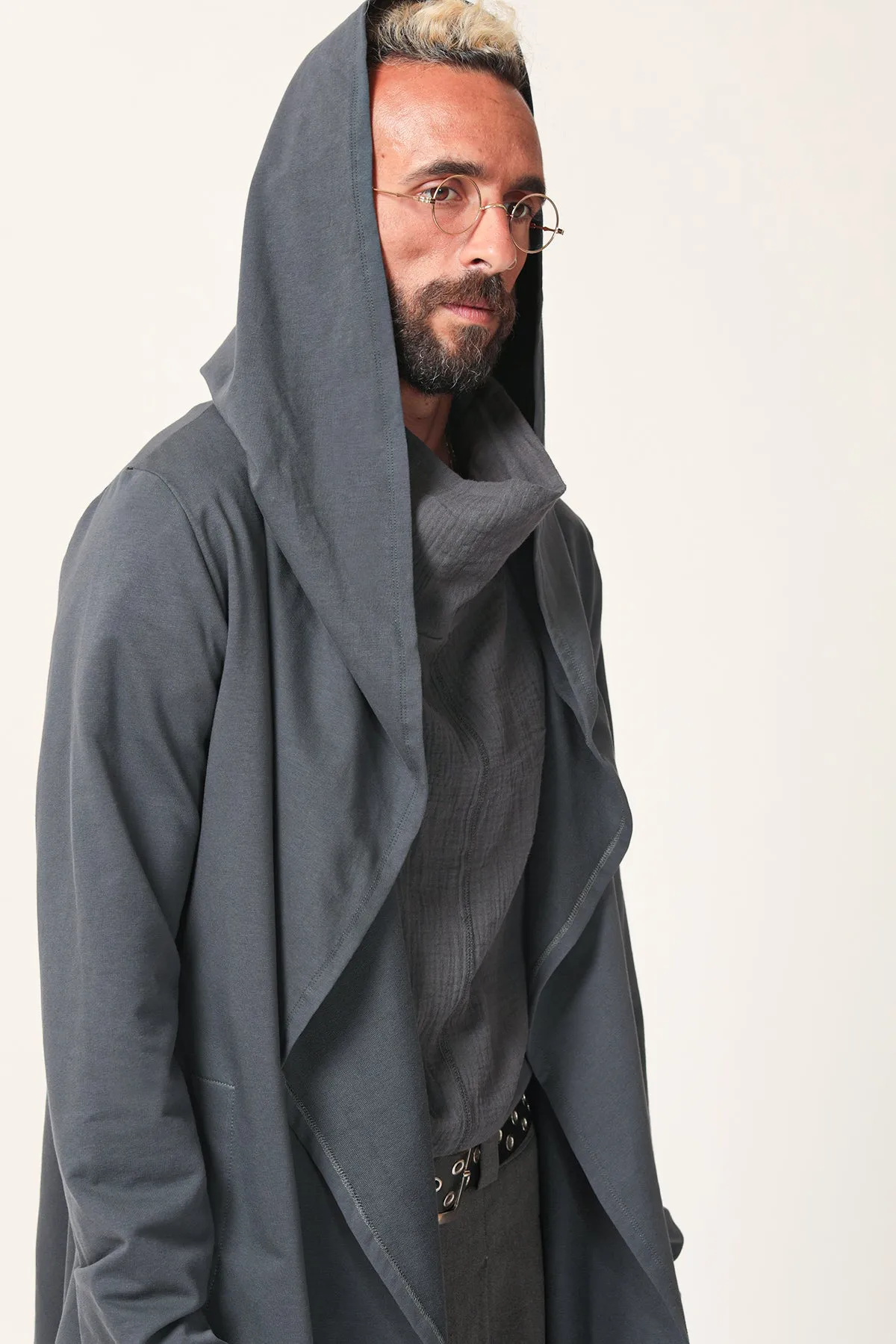 Grey Long Hooded Cardigan for Men