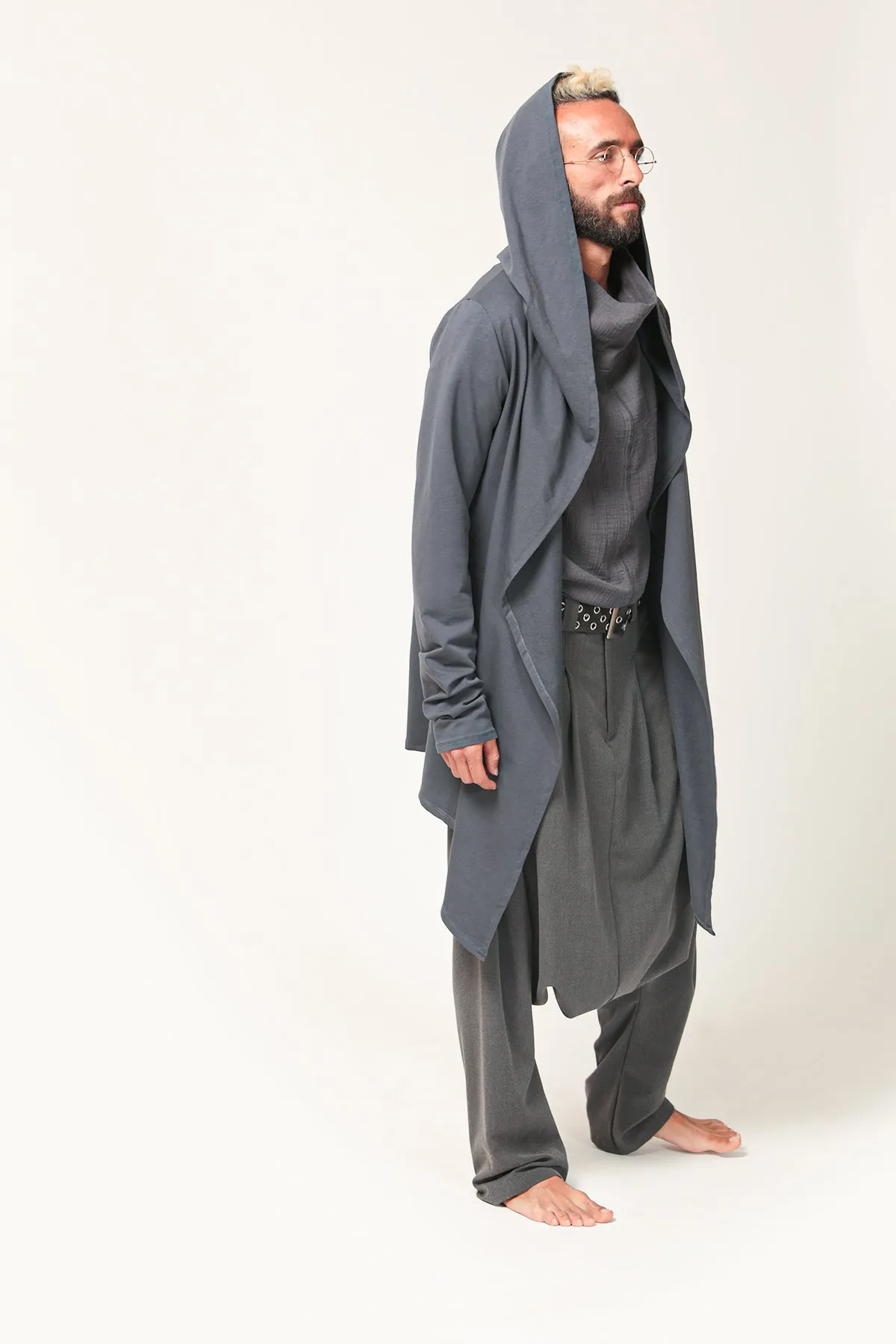 Grey Long Hooded Cardigan for Men