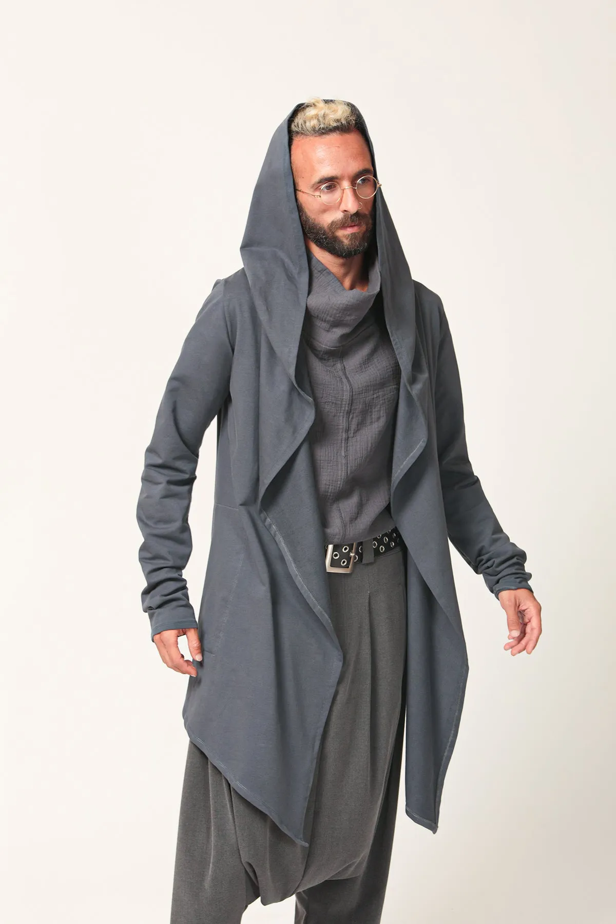 Grey Long Hooded Cardigan for Men