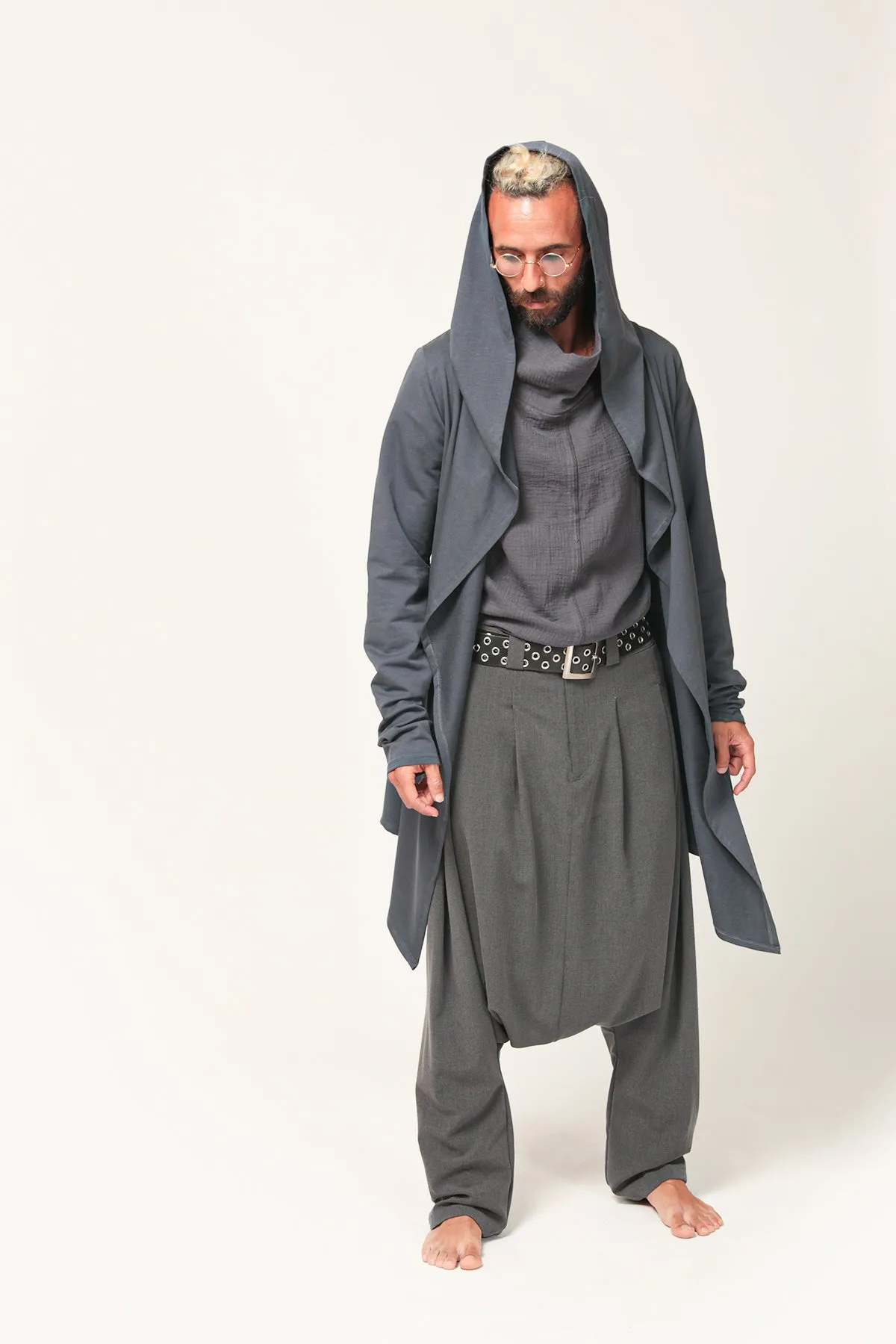 Grey Long Hooded Cardigan for Men