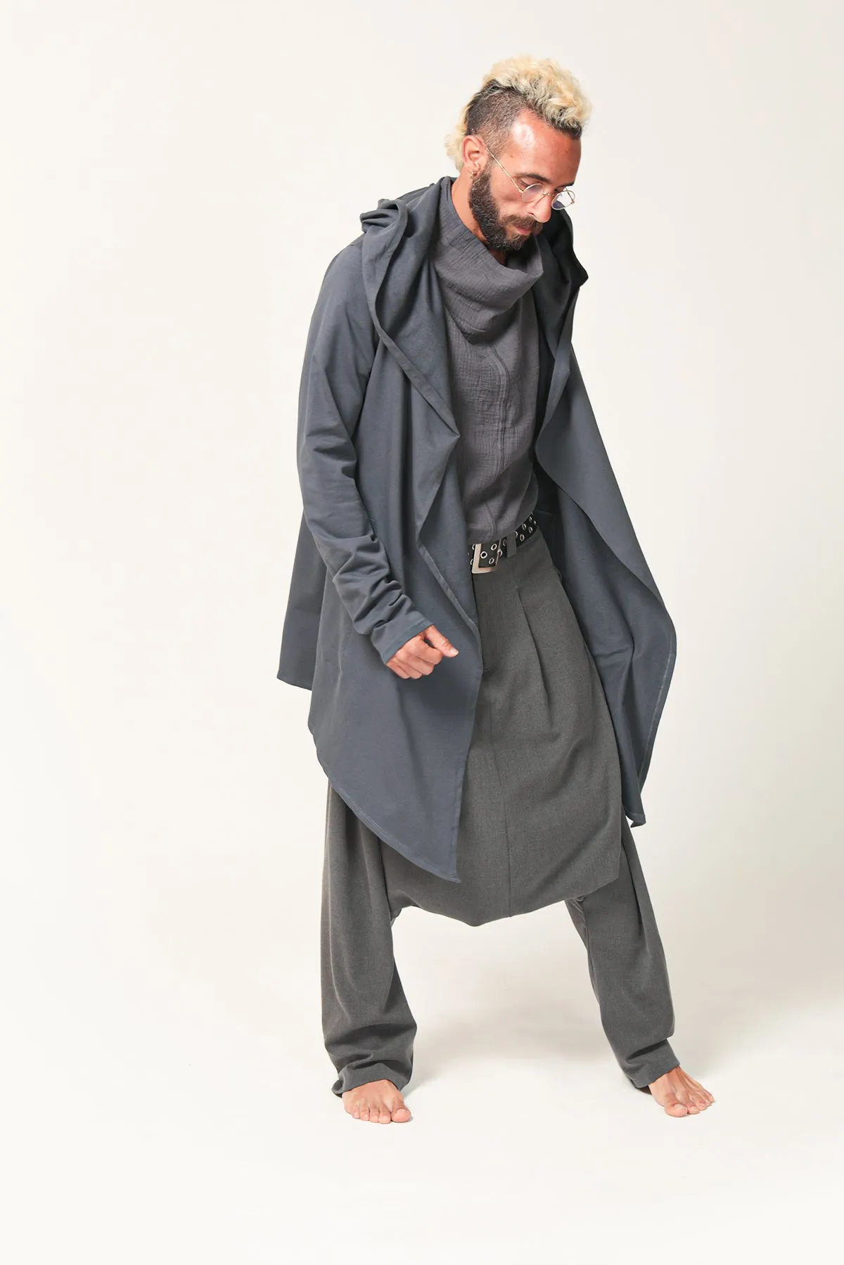 Grey Long Hooded Cardigan for Men