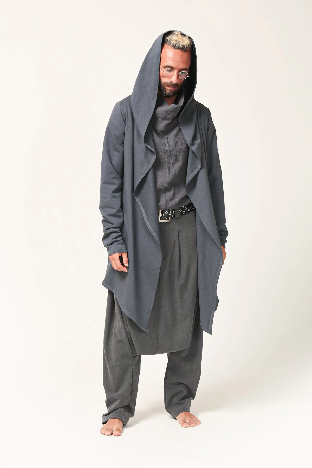 Grey Long Hooded Cardigan for Men