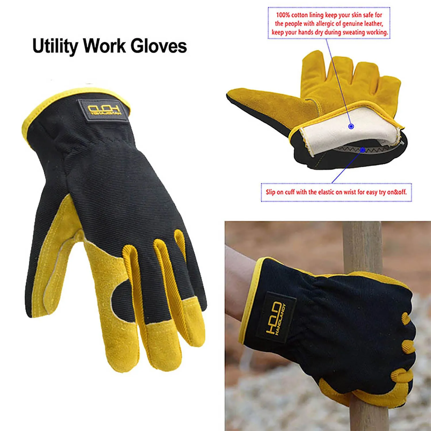 Handlandy Cowhide Leather Gloves Gardening  Construction Driver 5964