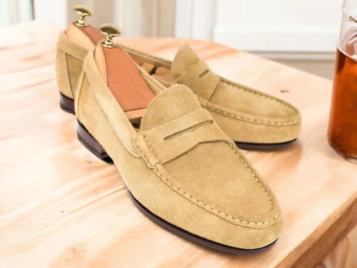 Handmade Beige Suede Penny Loafer Shoes, Slip On Moccasin Loafer Shoes