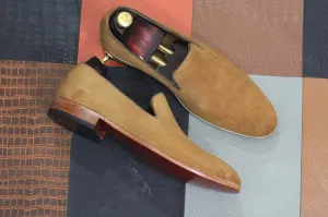 Handmade Beige Suede Slip On Loafer Shoes, Men's Shoes, Formal Wear Shoes