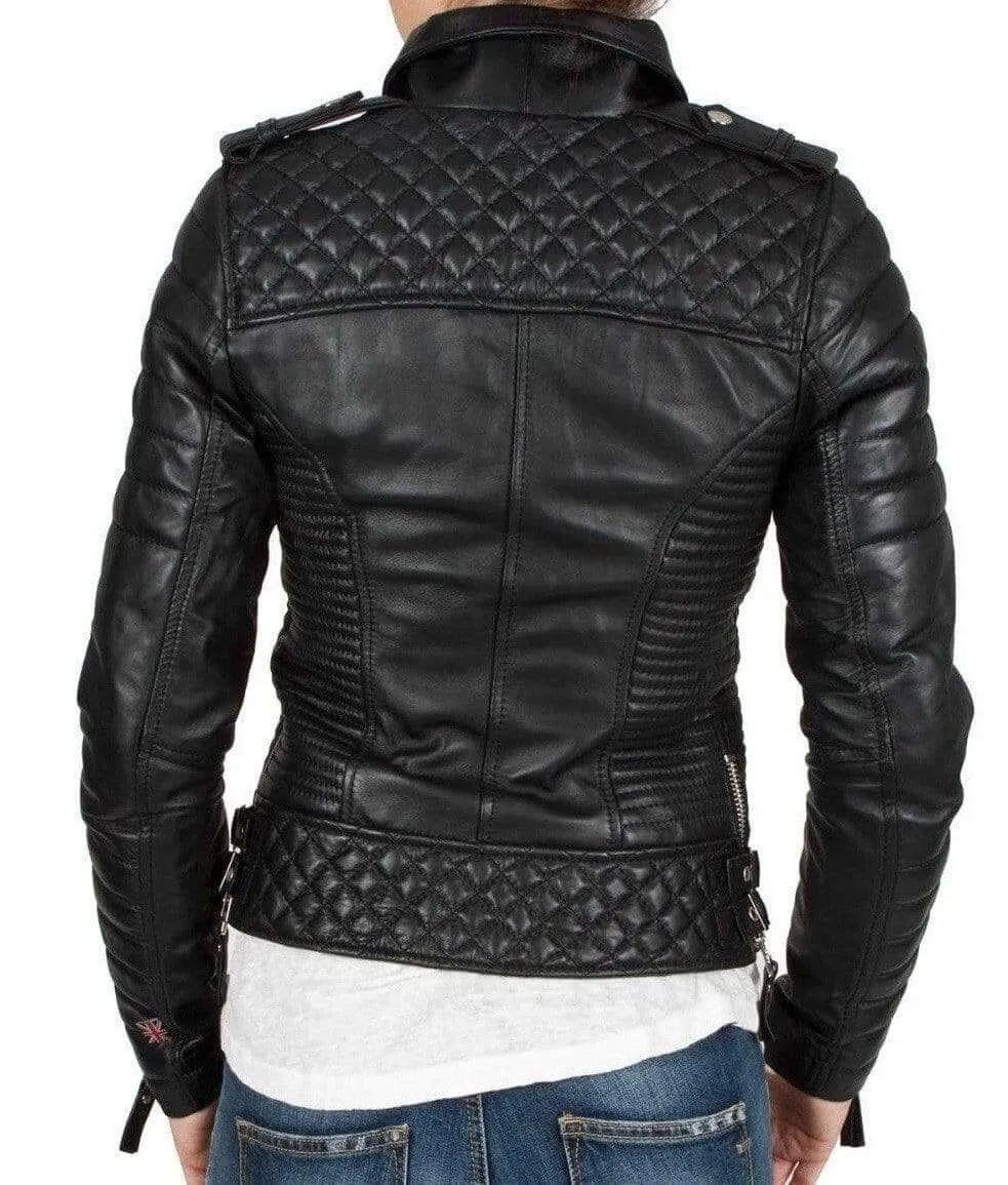 Handmade Leather Skin Women Black Padded Brando Leather Jacket