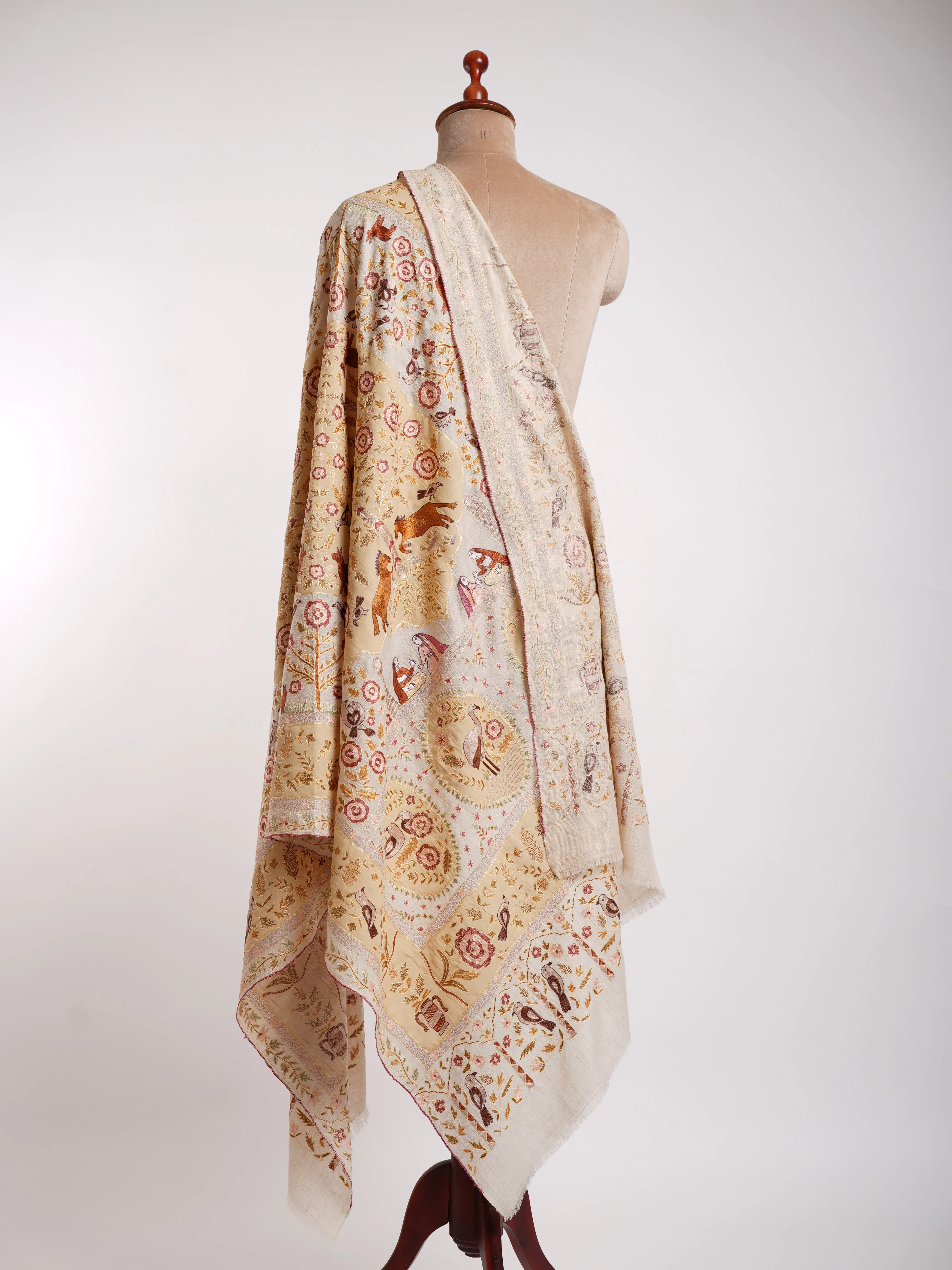 Handmade Patch Worked Jamavar Pashmina Shawl Vanilla Cream