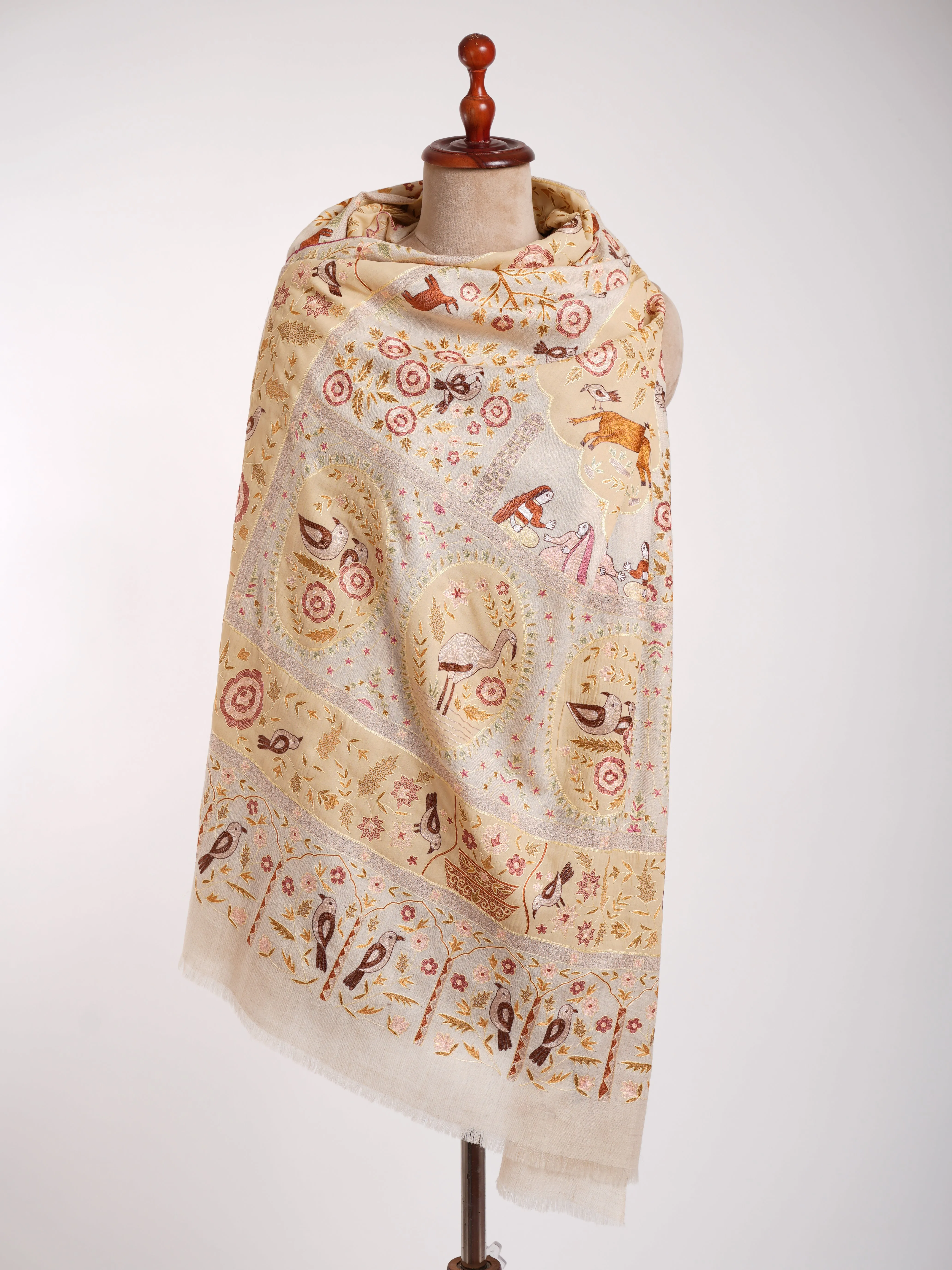 Handmade Patch Worked Jamavar Pashmina Shawl Vanilla Cream