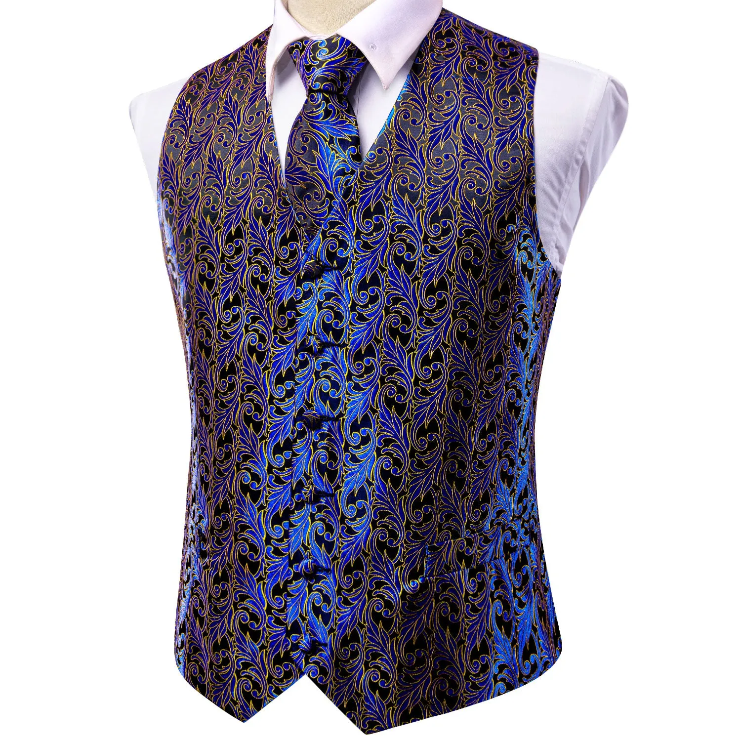 Hi-Tie Black Blue Yellow Paisley Silk Vest Tie Set Waistcoat Suit Set