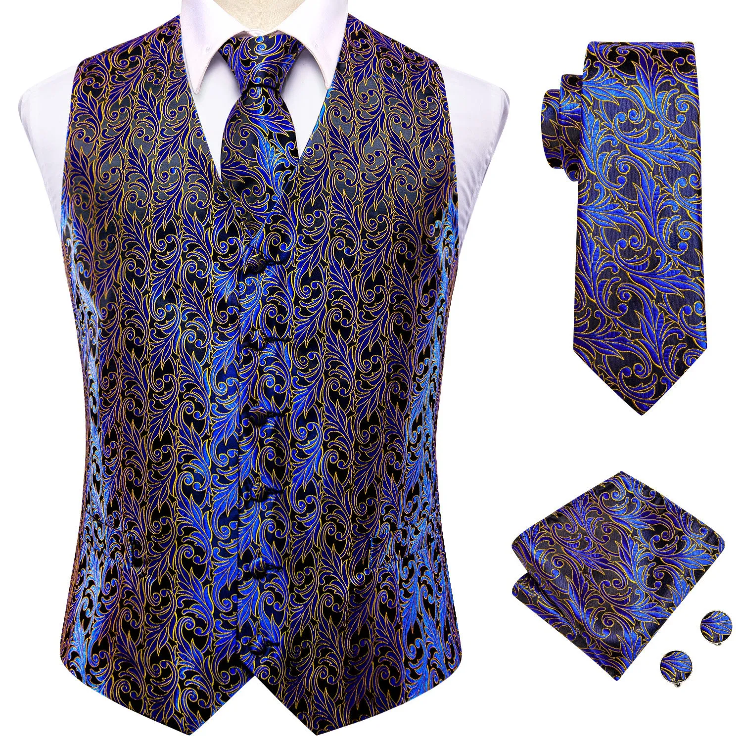 Hi-Tie Black Blue Yellow Paisley Silk Vest Tie Set Waistcoat Suit Set